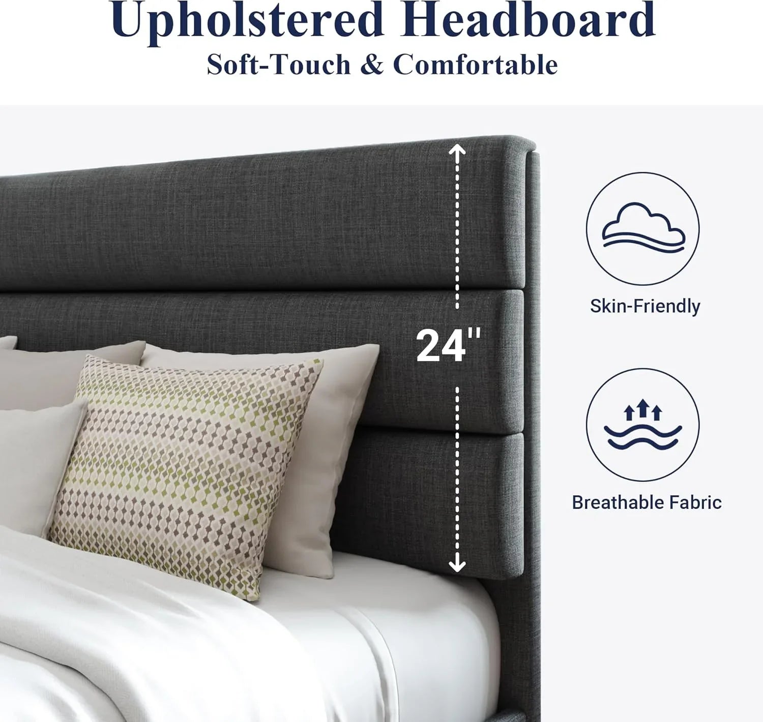 Allewie Queen Size Platform Bed Frame with Fabric Upholstered Headboard Wooden Slats Support