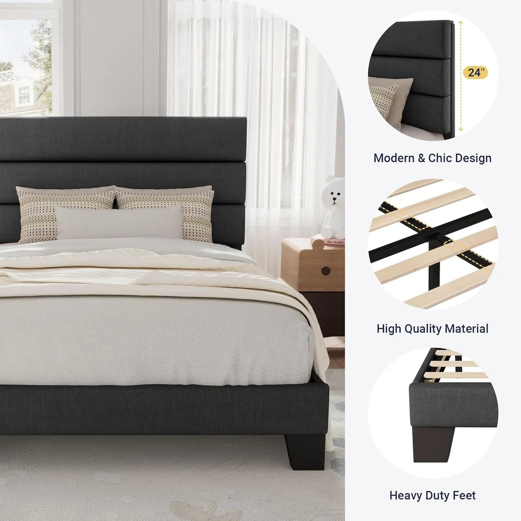 Allewie Queen Size Platform Bed Frame with Fabric Upholstered Headboard Wooden Slats Support