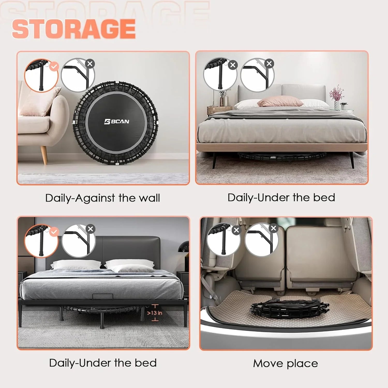 BCAN 450/550 LBS Foldable Mini Trampoline Fitness Trampoline Bungees Adjustable Foam Handle