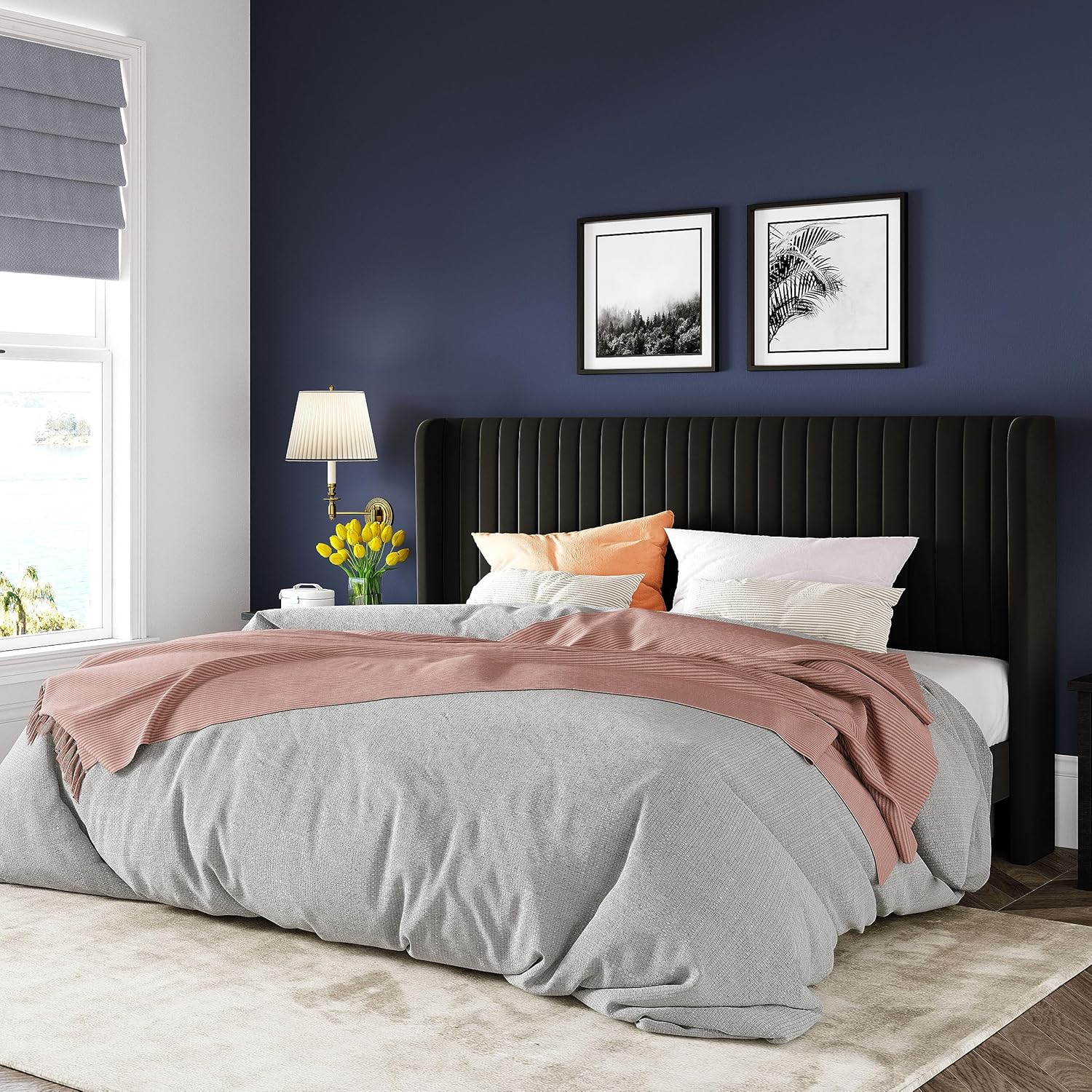 Allewie Full Size Velvet Bed Frame Vertical Channel Tufted Wingback Headboard Upholstered Bed