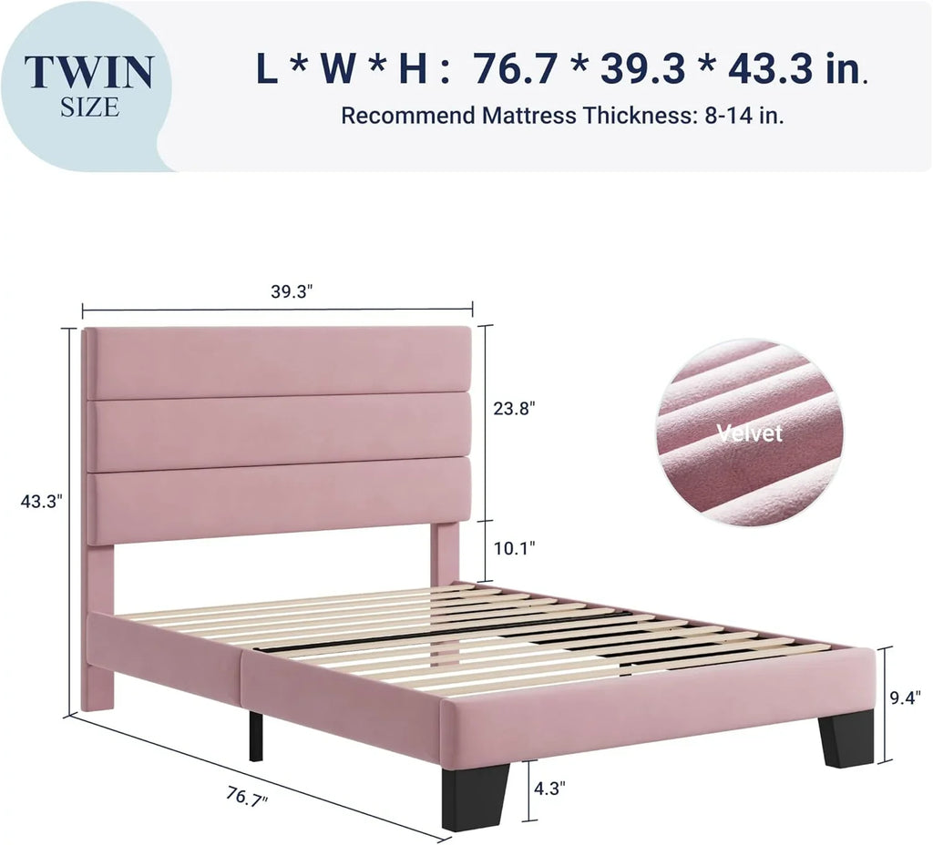 Allewie Queen Size Platform Bed Frame with Fabric Upholstered Headboard Wooden Slats Support