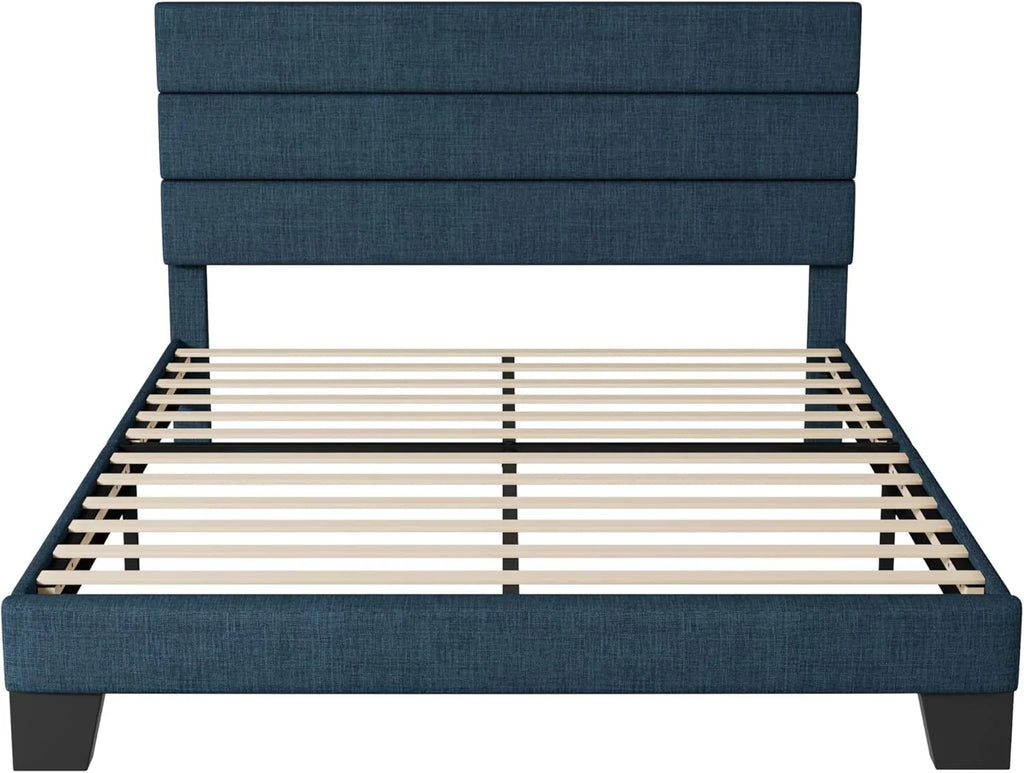 Allewie Queen Size Platform Bed Frame with Fabric Upholstered Headboard Wooden Slats Support