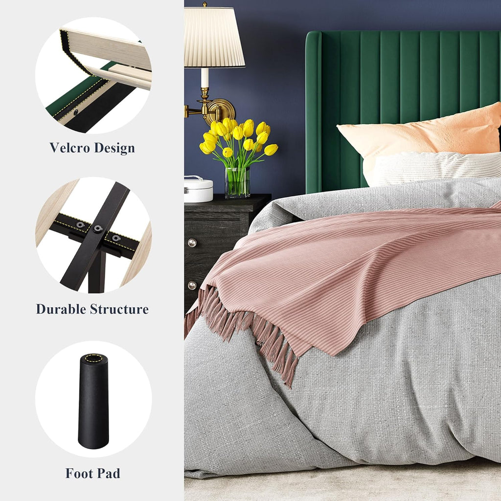 Allewie Full Size Velvet Bed Frame Vertical Channel Tufted Wingback Headboard Upholstered Bed