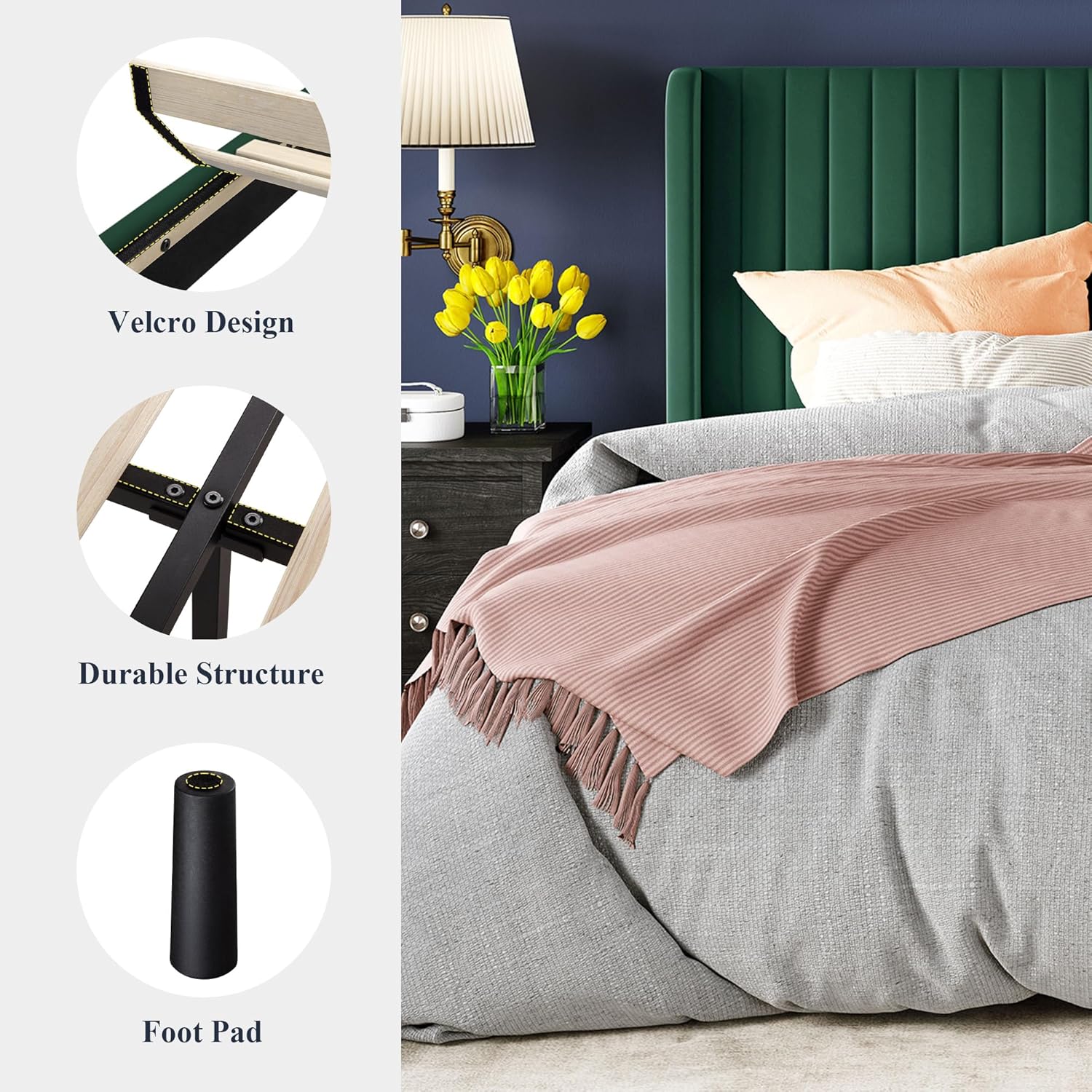 Allewie Full Size Velvet Bed Frame Vertical Channel Tufted Wingback Headboard Upholstered Bed