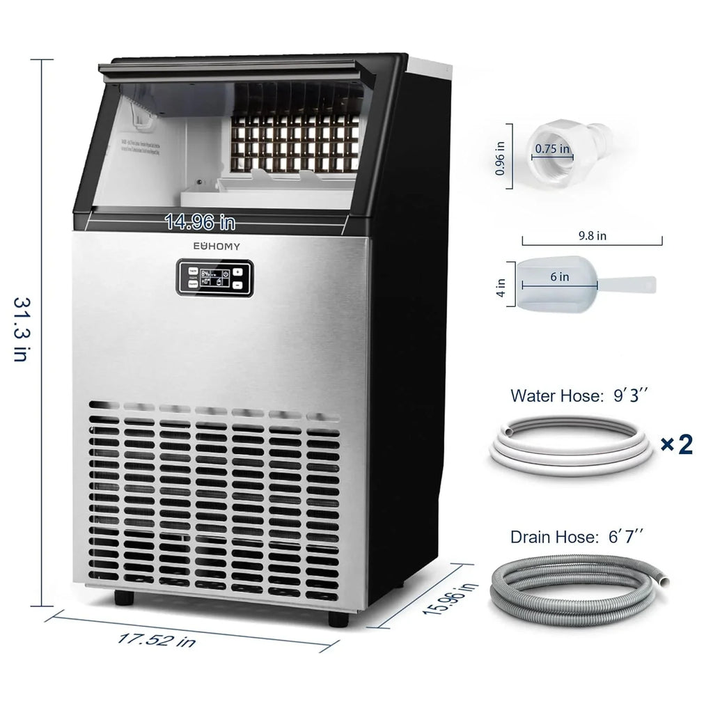 EUHOMY Commercial Ice Maker Machine 100lbs/24H Stainless Steel Under Counter ice Machine