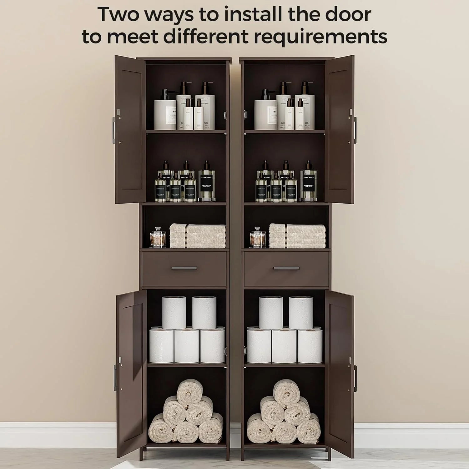 Homhedy 67" H Tall Bathroom Storage Cabinet with 2 Barn Doors and 1 Drawer Narrow Storage Unit