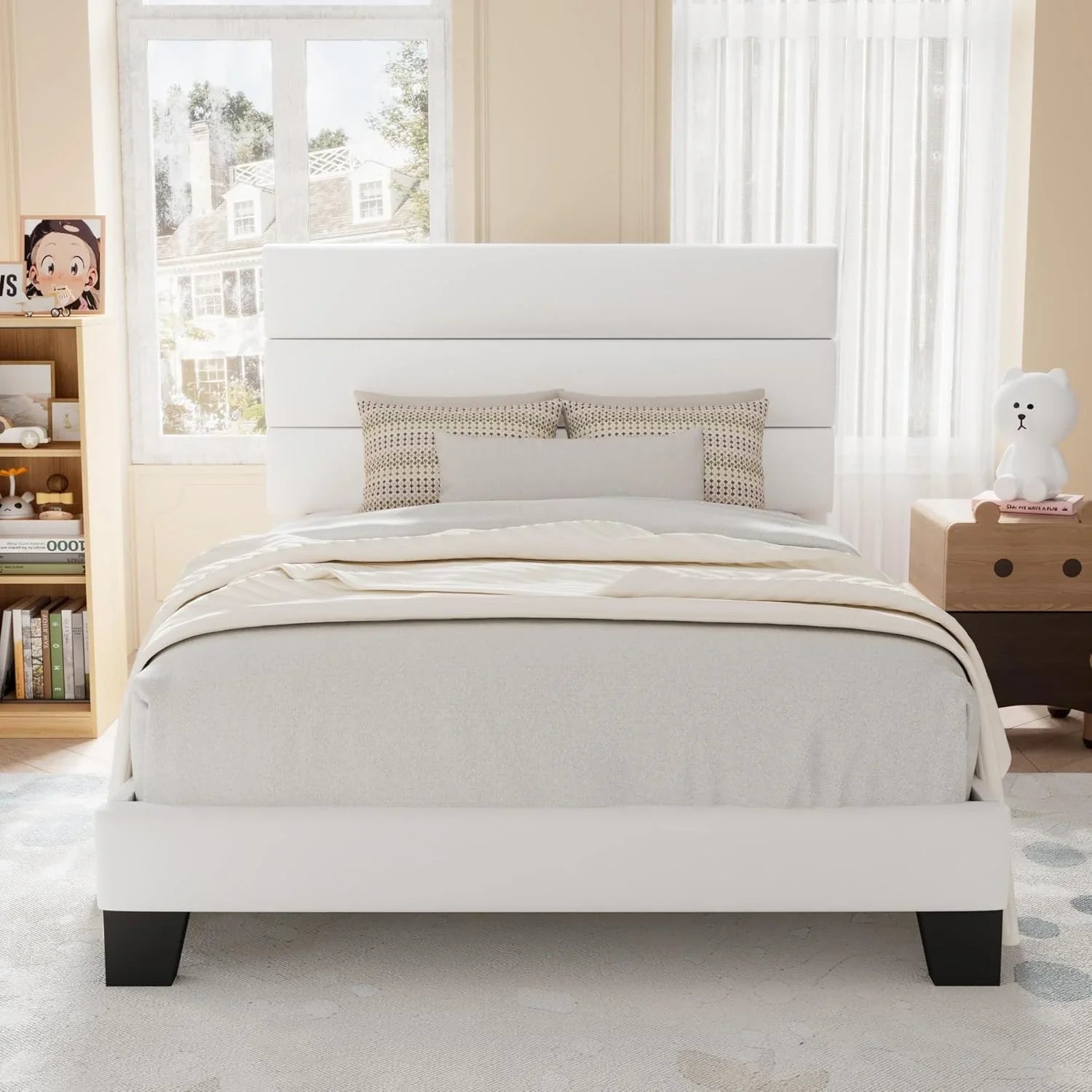 Allewie Queen Size Platform Bed Frame with Fabric Upholstered Headboard Wooden Slats Support