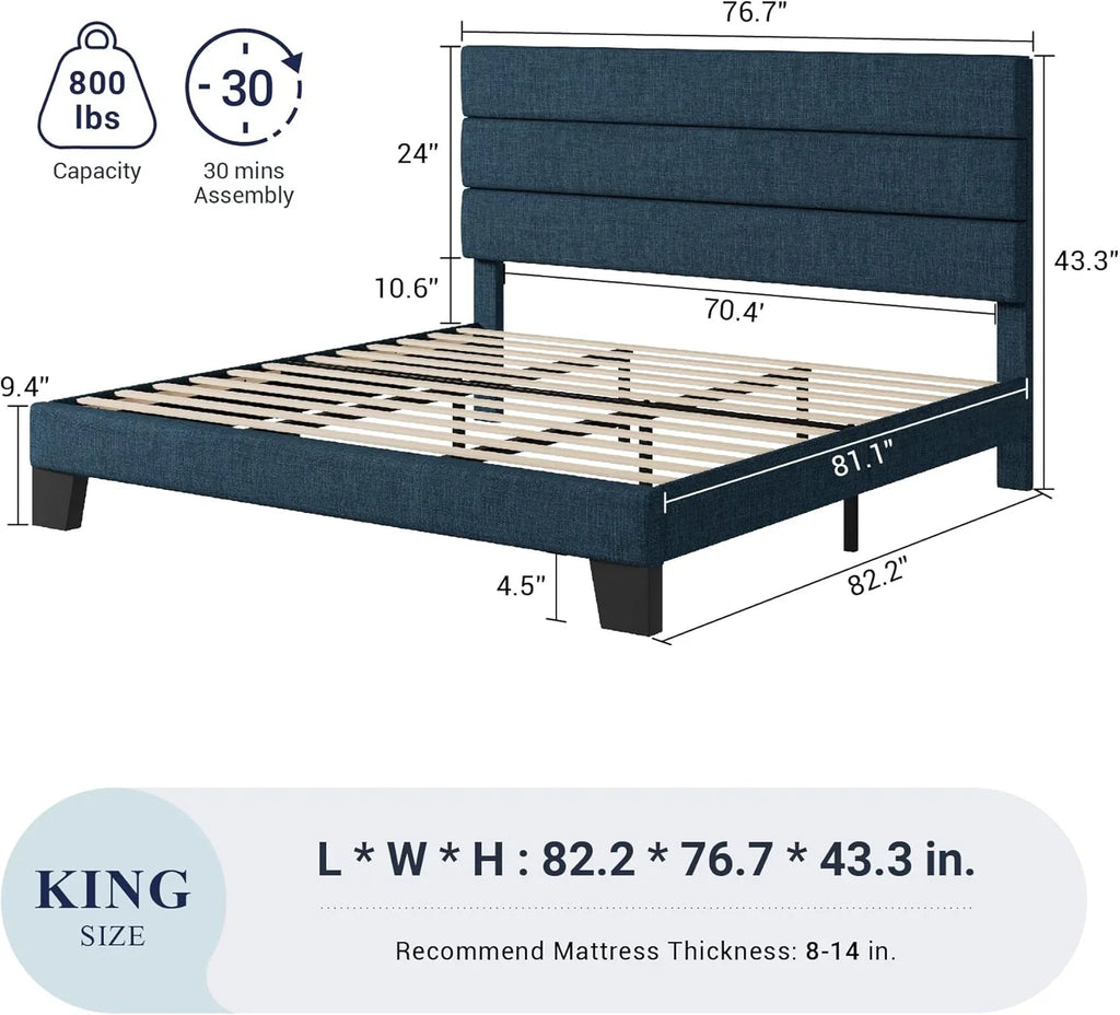 Allewie Queen Size Platform Bed Frame with Fabric Upholstered Headboard Wooden Slats Support
