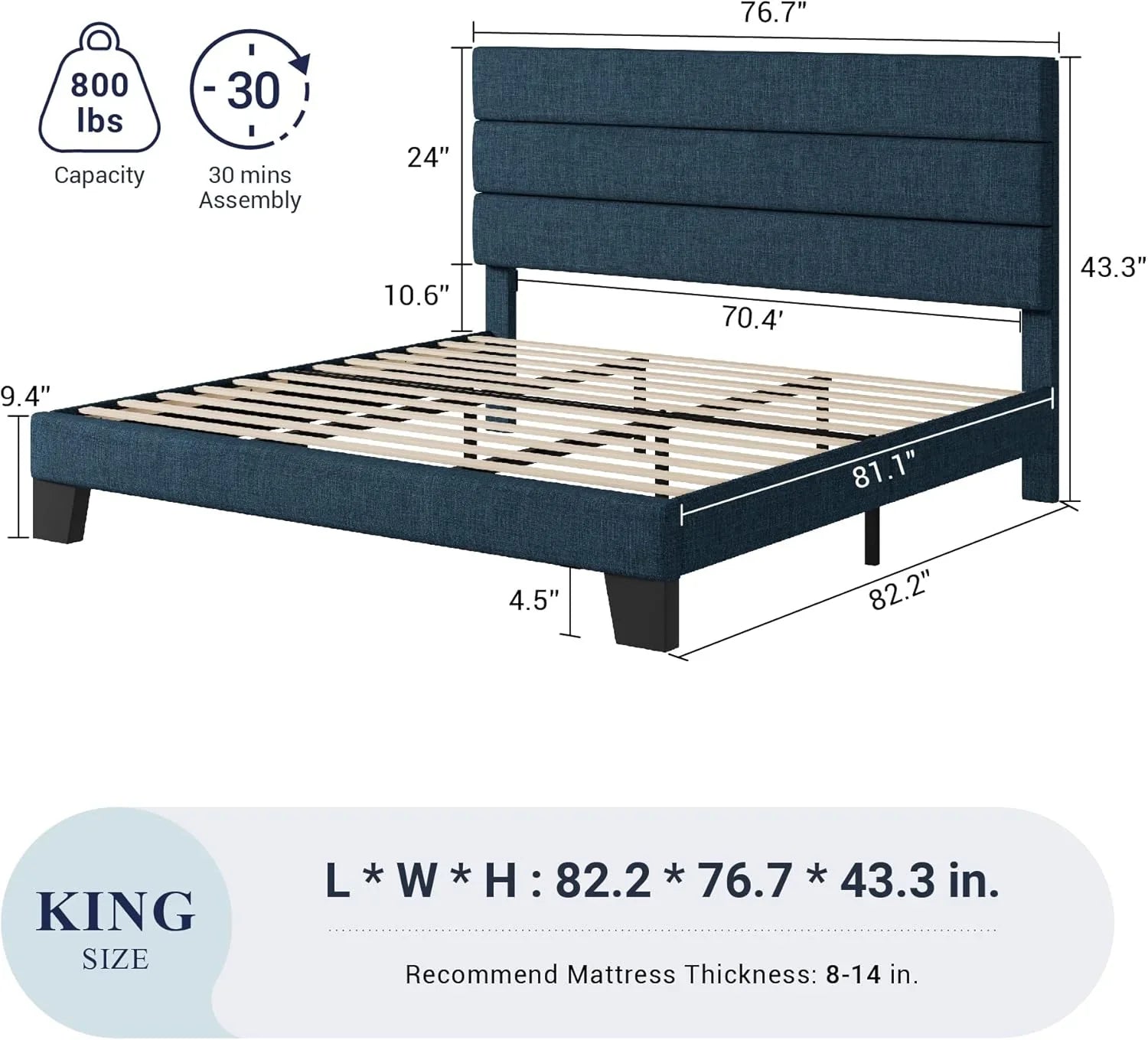 Allewie Queen Size Platform Bed Frame with Fabric Upholstered Headboard Wooden Slats Support