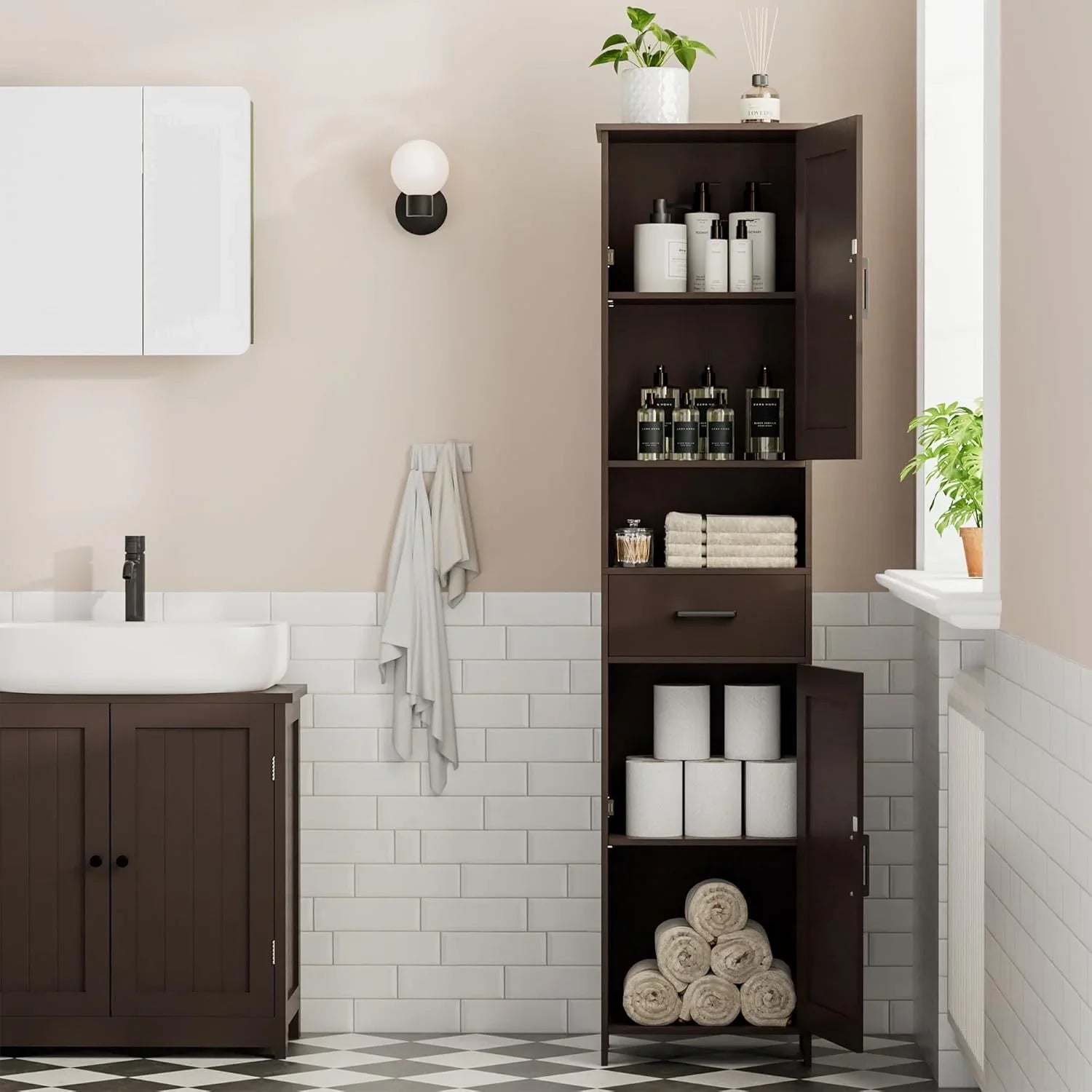 Homhedy 67" H Tall Bathroom Storage Cabinet with 2 Barn Doors and 1 Drawer Narrow Storage Unit