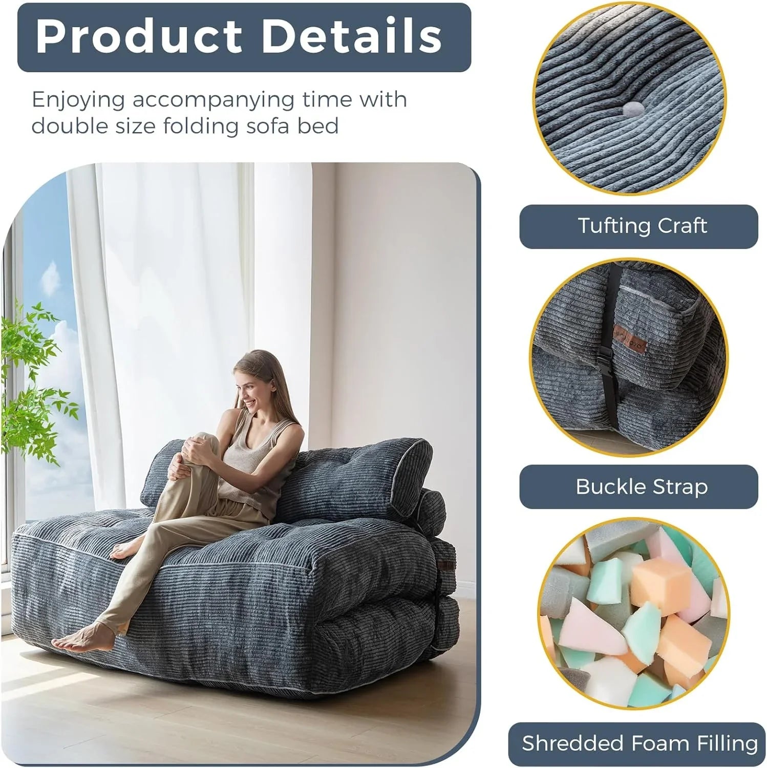 MAXYOYO Folding Sofa Bed Convertible Sleeper Chair with Pillow Foldable Mattress with Back Support