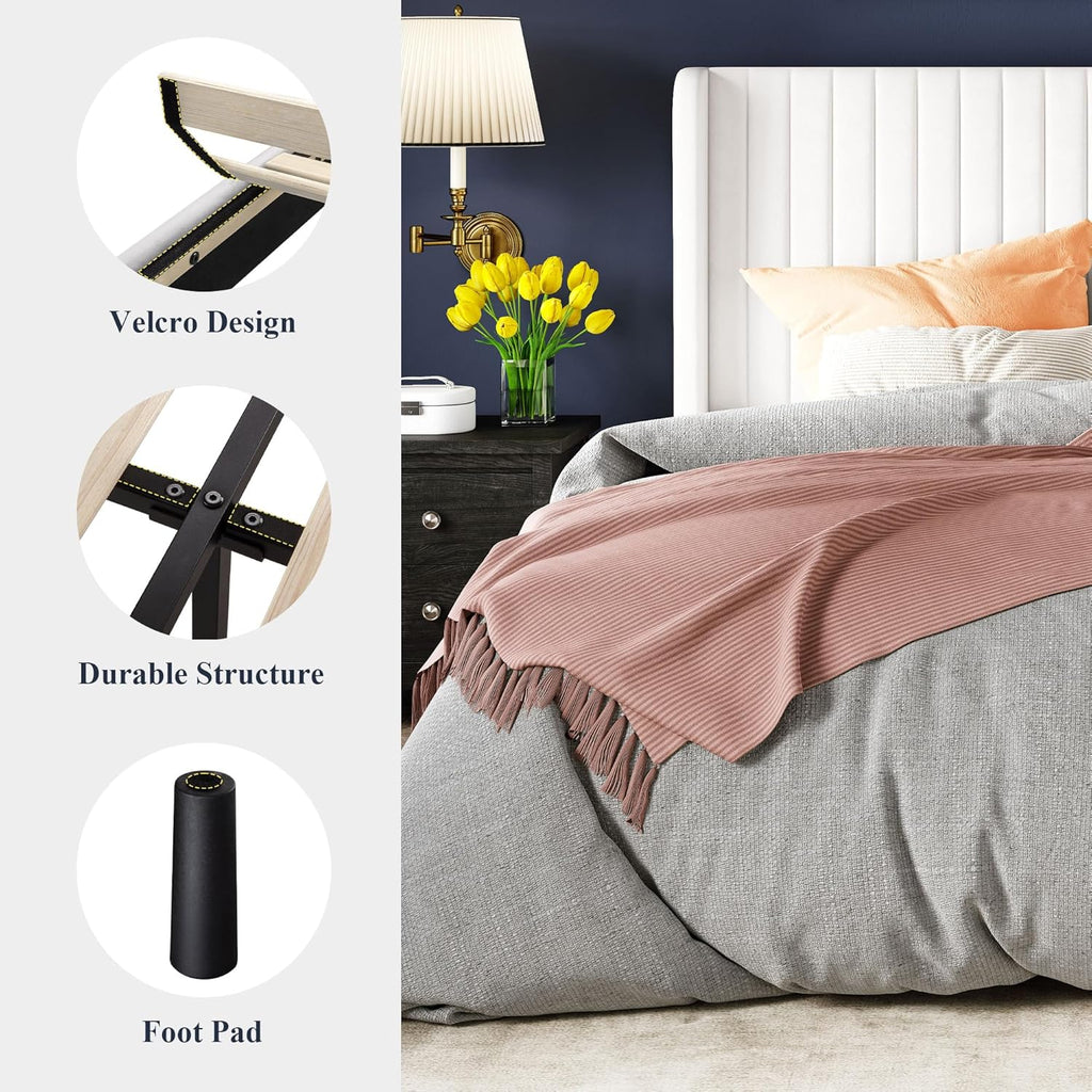 Allewie Full Size Velvet Bed Frame Vertical Channel Tufted Wingback Headboard Upholstered Bed