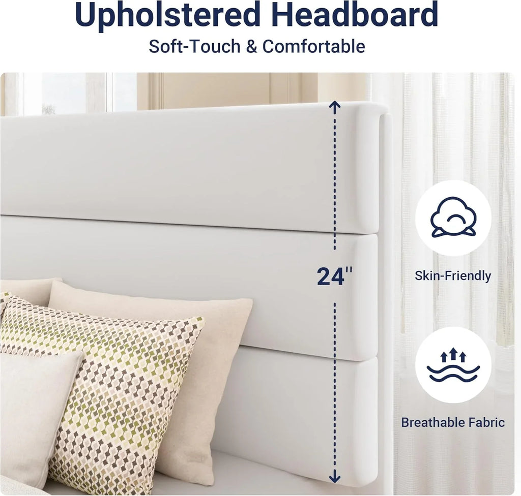 Allewie Queen Size Platform Bed Frame with Fabric Upholstered Headboard Wooden Slats Support