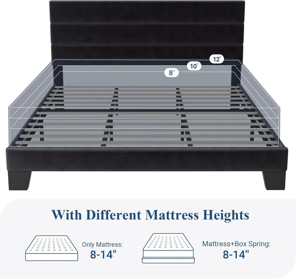 Allewie Queen Size Platform Bed Frame with Fabric Upholstered Headboard Wooden Slats Support