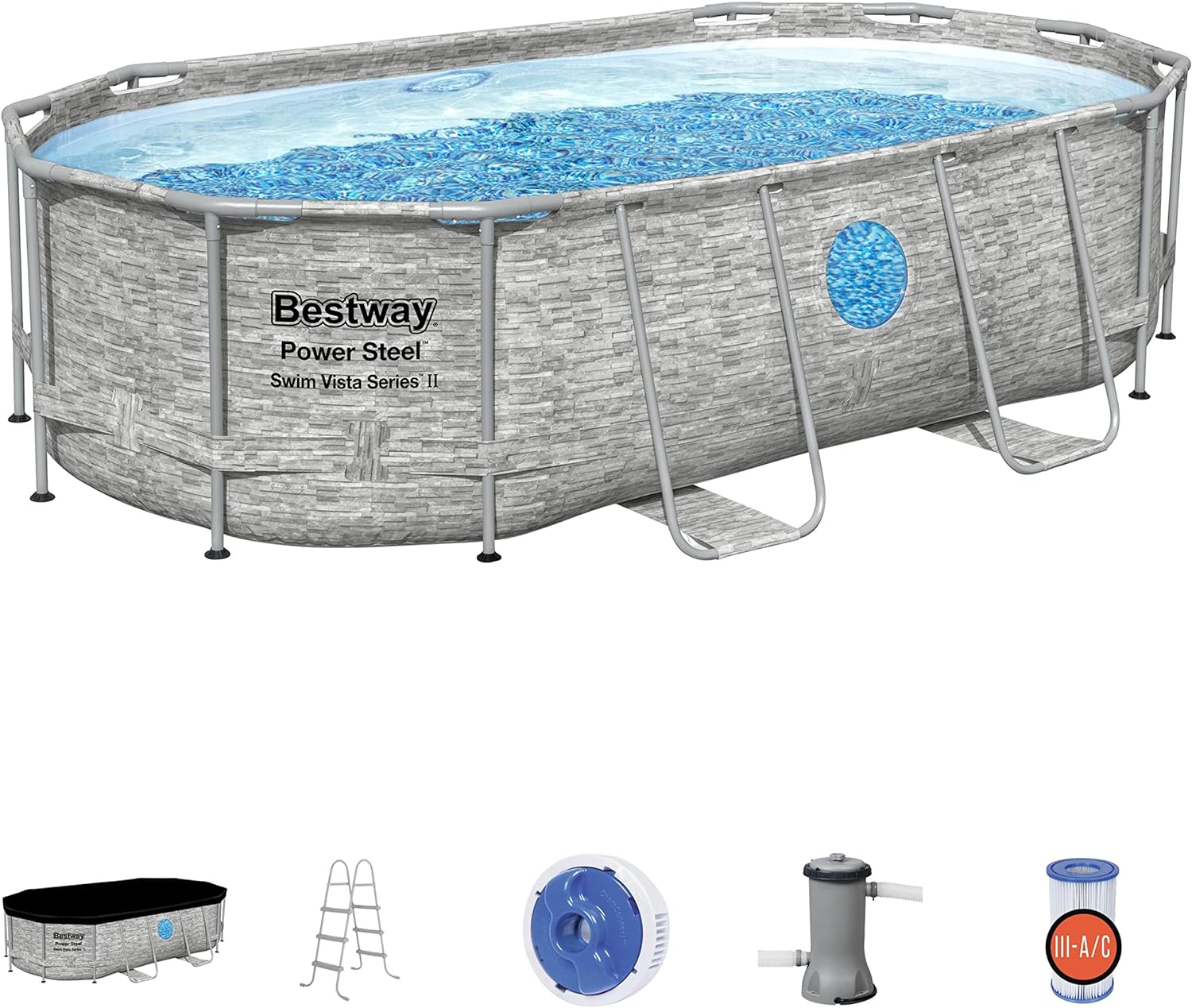 Power Steel 14' x 8'2" x 39.5" Oval Above Ground Pool Set Includes 530gal Filter Pump Ladder