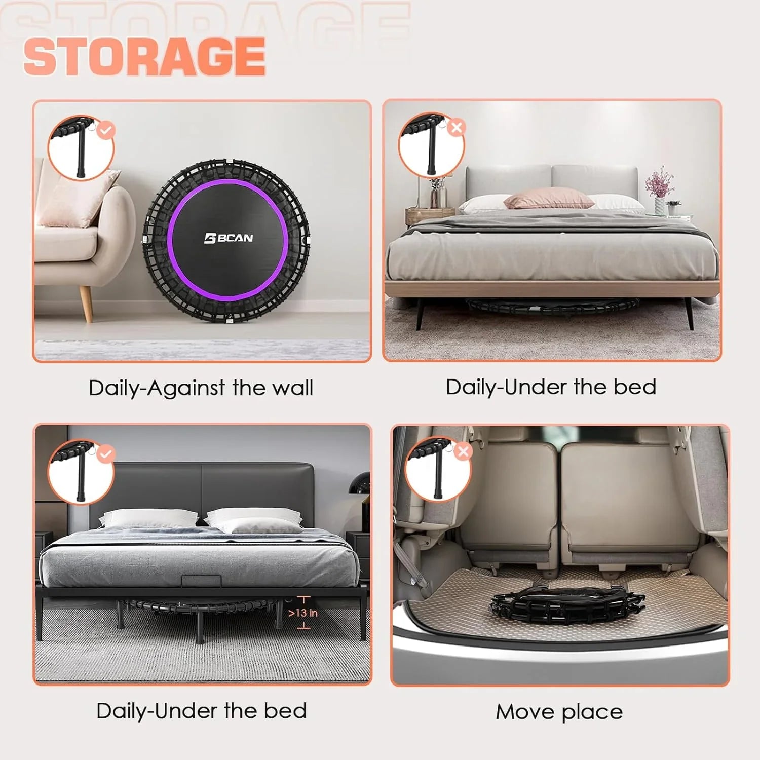 BCAN 450/550 LBS Foldable Mini Trampoline Fitness Trampoline Bungees Adjustable Foam Handle