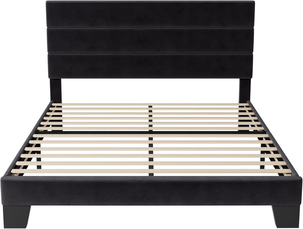 Allewie Queen Size Platform Bed Frame with Fabric Upholstered Headboard Wooden Slats Support
