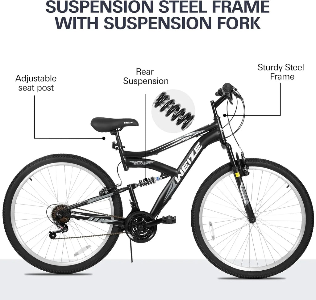 WEIZE Mountain Bike 26 27.5 inch Outdoor Hybrid Bikes 18-Speed High-Carbon Steel Full Suspension