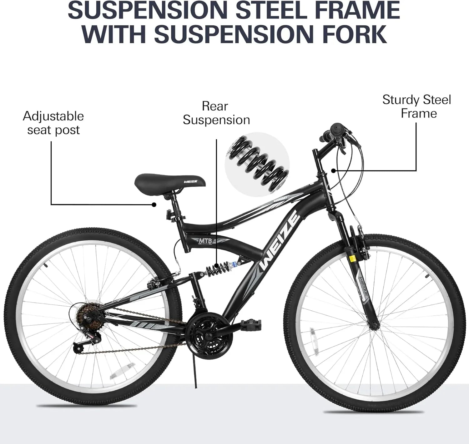 WEIZE Mountain Bike 26 27.5 inch Outdoor Hybrid Bikes 18-Speed High-Carbon Steel Full Suspension