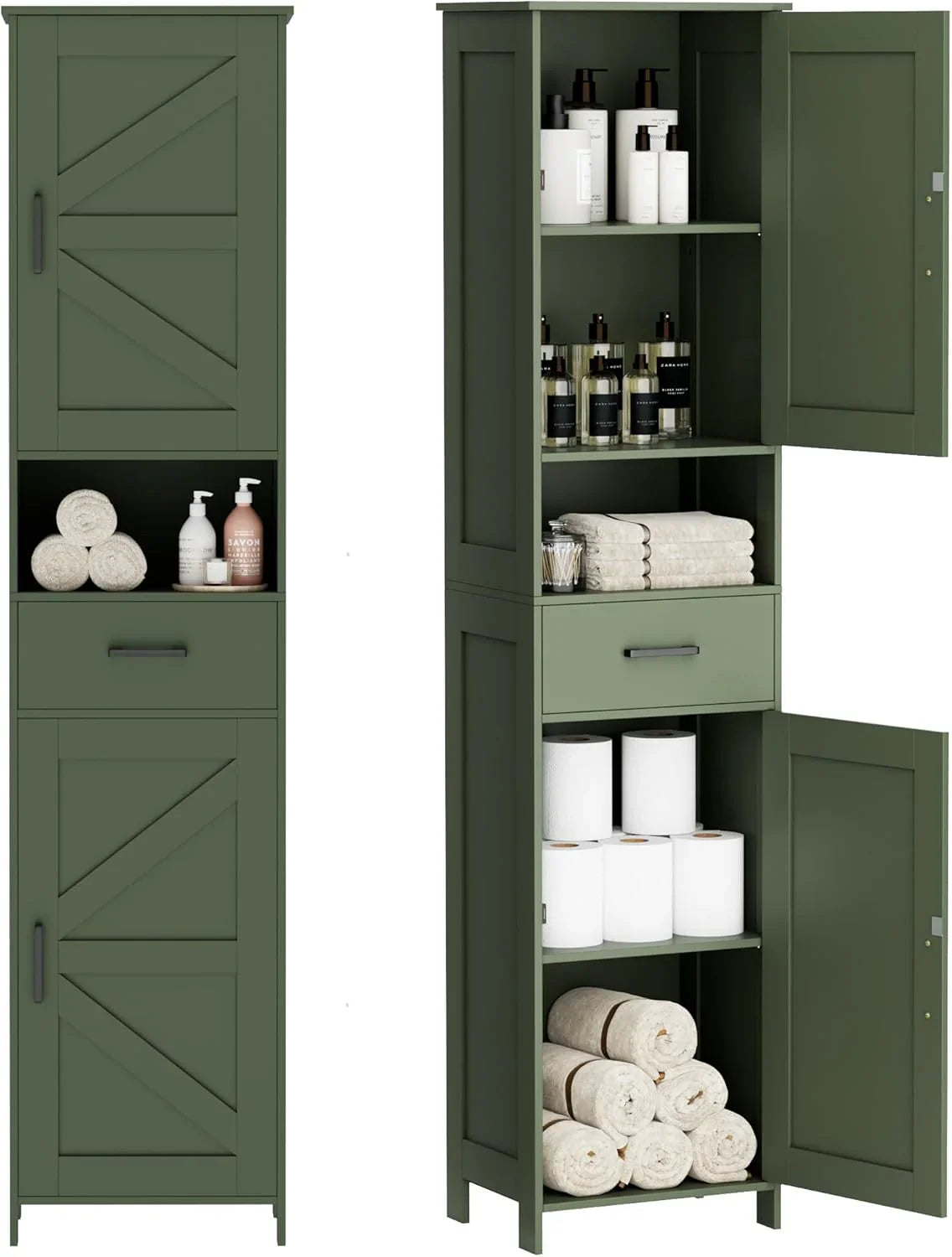 Homhedy 67" H Tall Bathroom Storage Cabinet with 2 Barn Doors and 1 Drawer Narrow Storage Unit