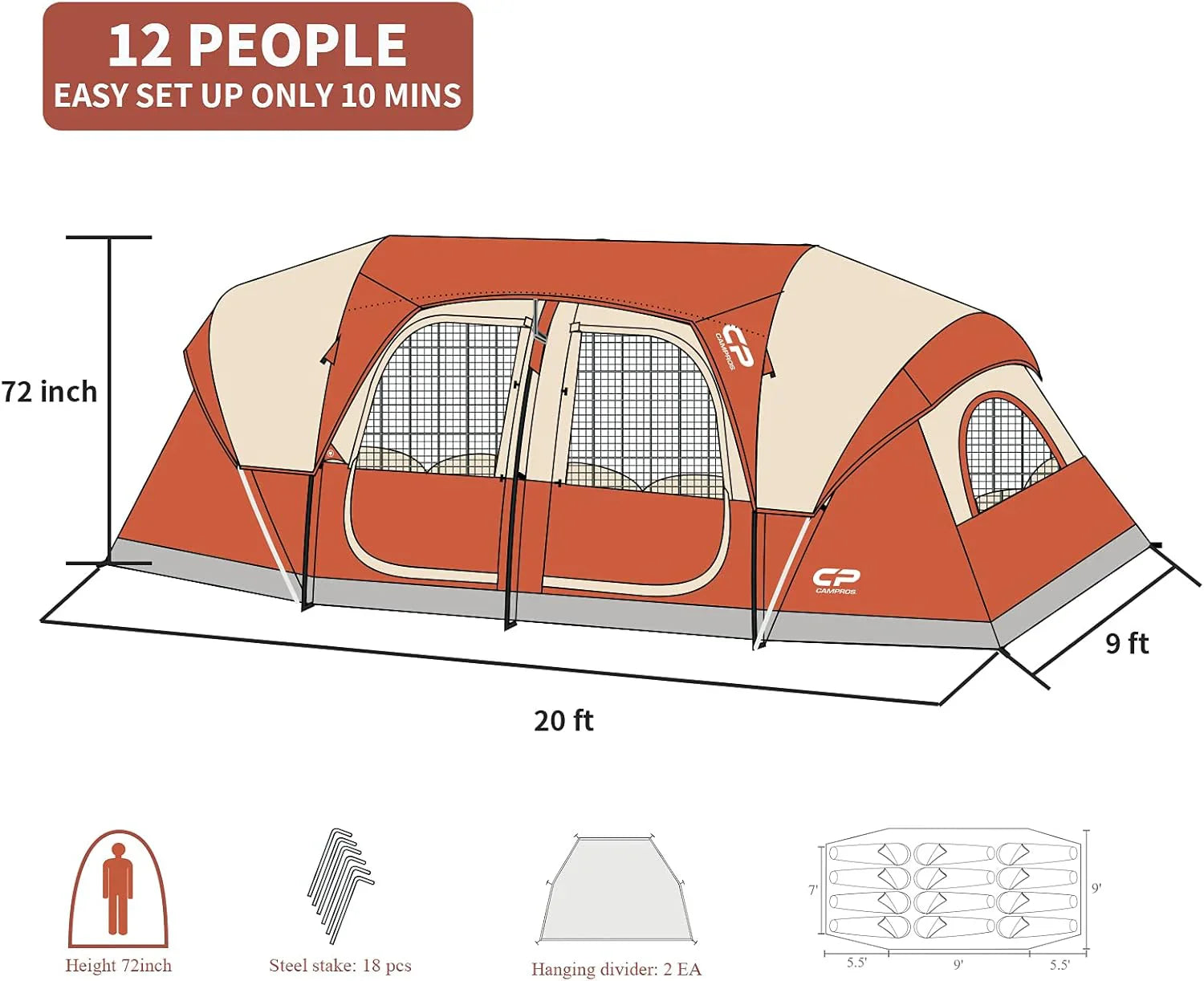 CAMPROS CP Tent 12-Person-Camping-Tents 3 Room Family Tents Waterproof Family Tent
