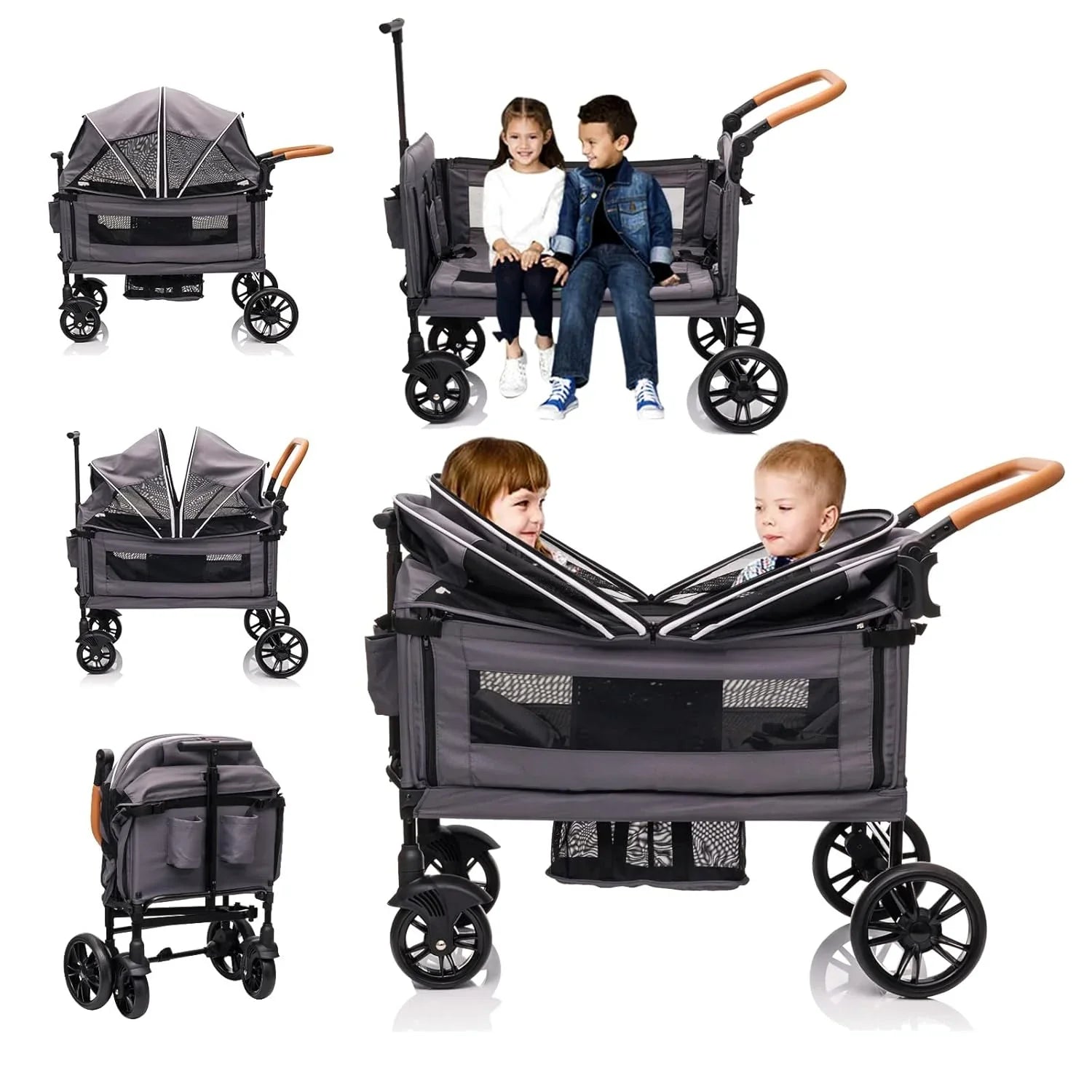Wagon Stroller for 2 Kids Cargo-Travel Stroller Push-Pull Double Wagon Lightweight Folding Stroller