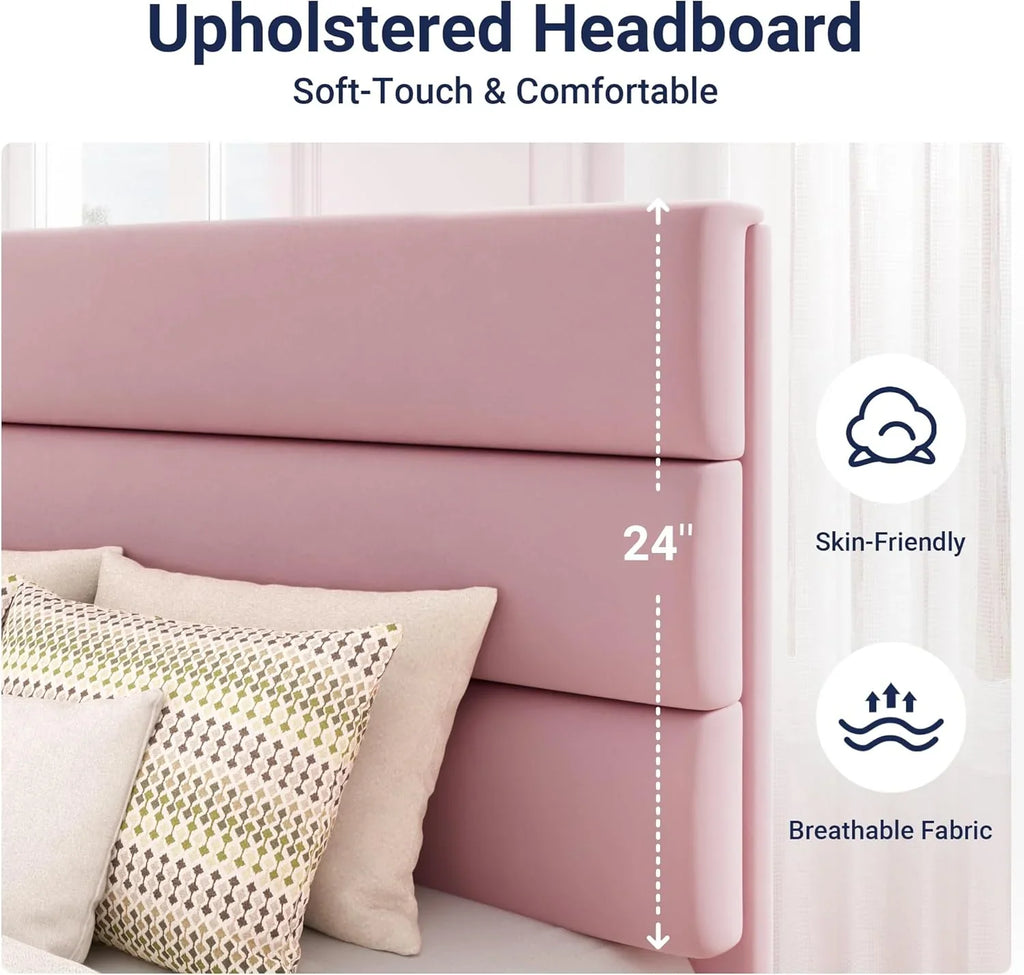 Allewie Queen Size Platform Bed Frame with Fabric Upholstered Headboard Wooden Slats Support