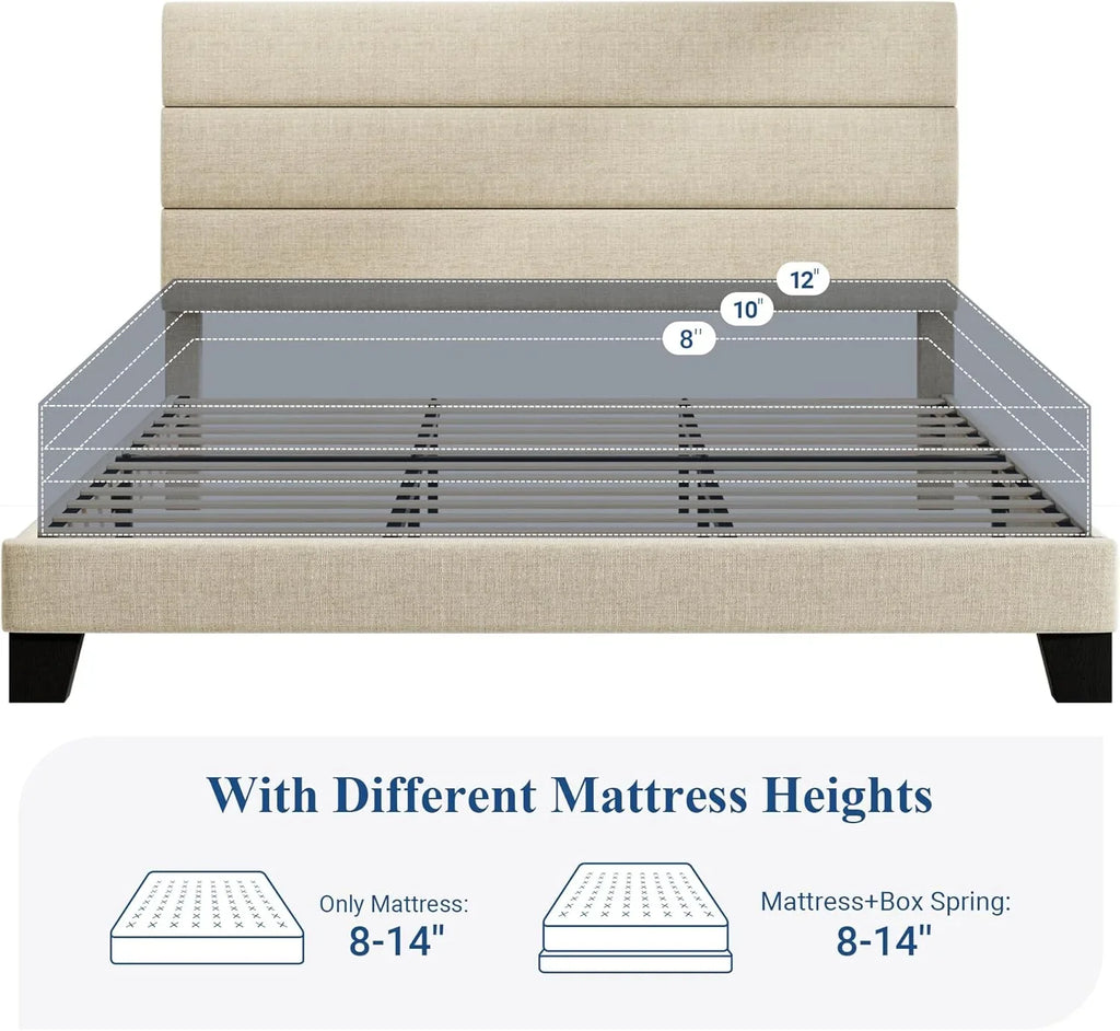 Allewie Queen Size Platform Bed Frame with Fabric Upholstered Headboard Wooden Slats Support