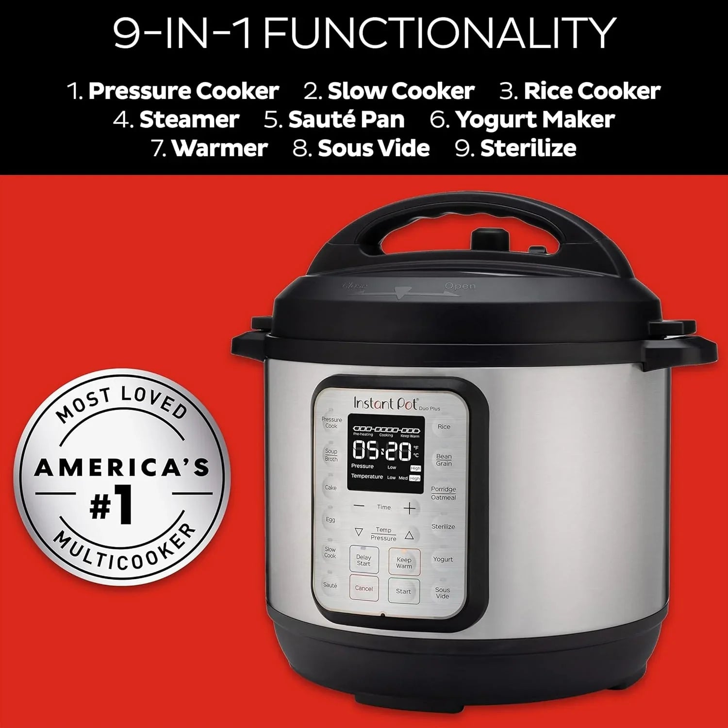 9-in-1 Multicooker Pressure Cooker Slow Cook Rice Maker Steamer Sauté Yogurt Warmer Sterilizer