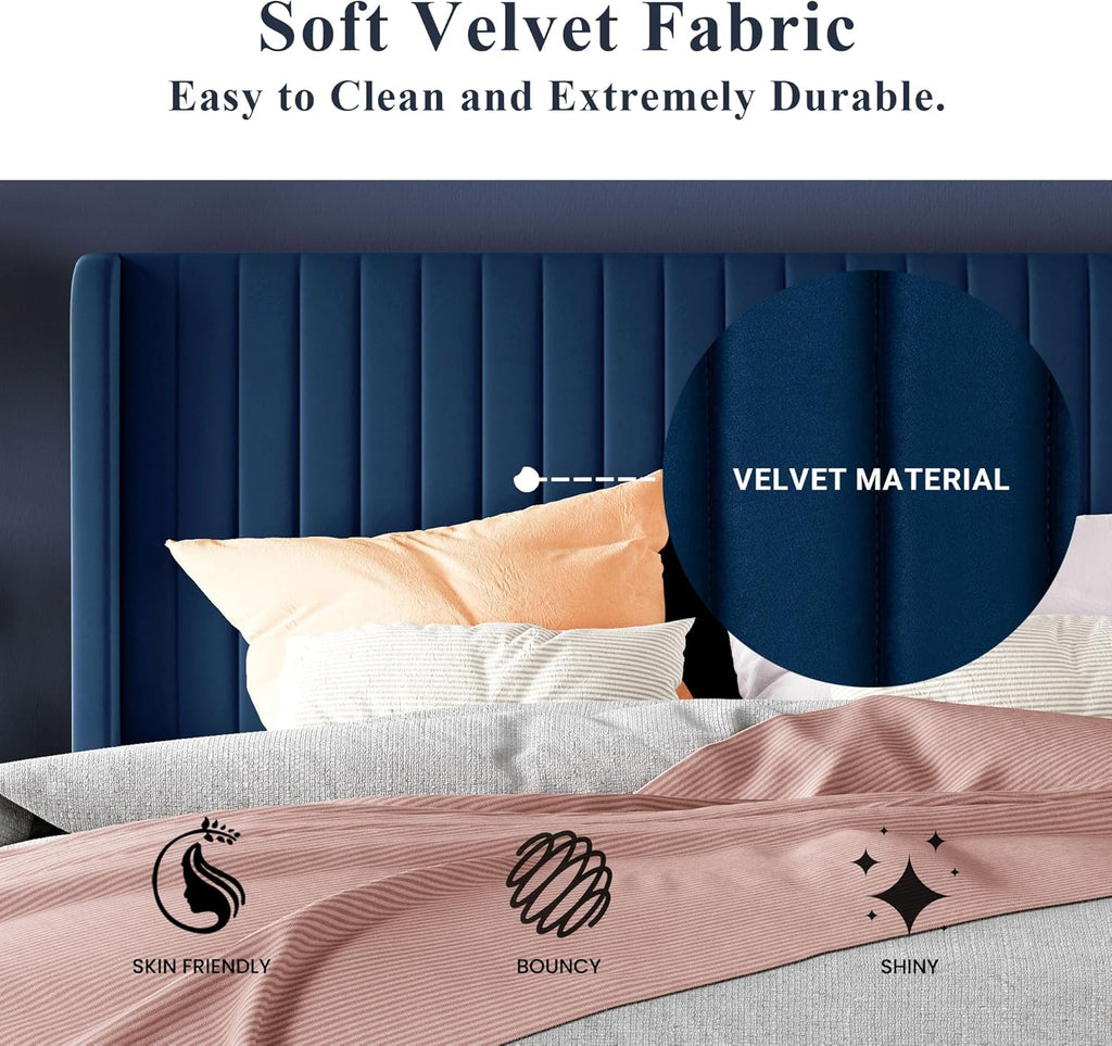 Allewie Full Size Velvet Bed Frame Vertical Channel Tufted Wingback Headboard Upholstered Bed