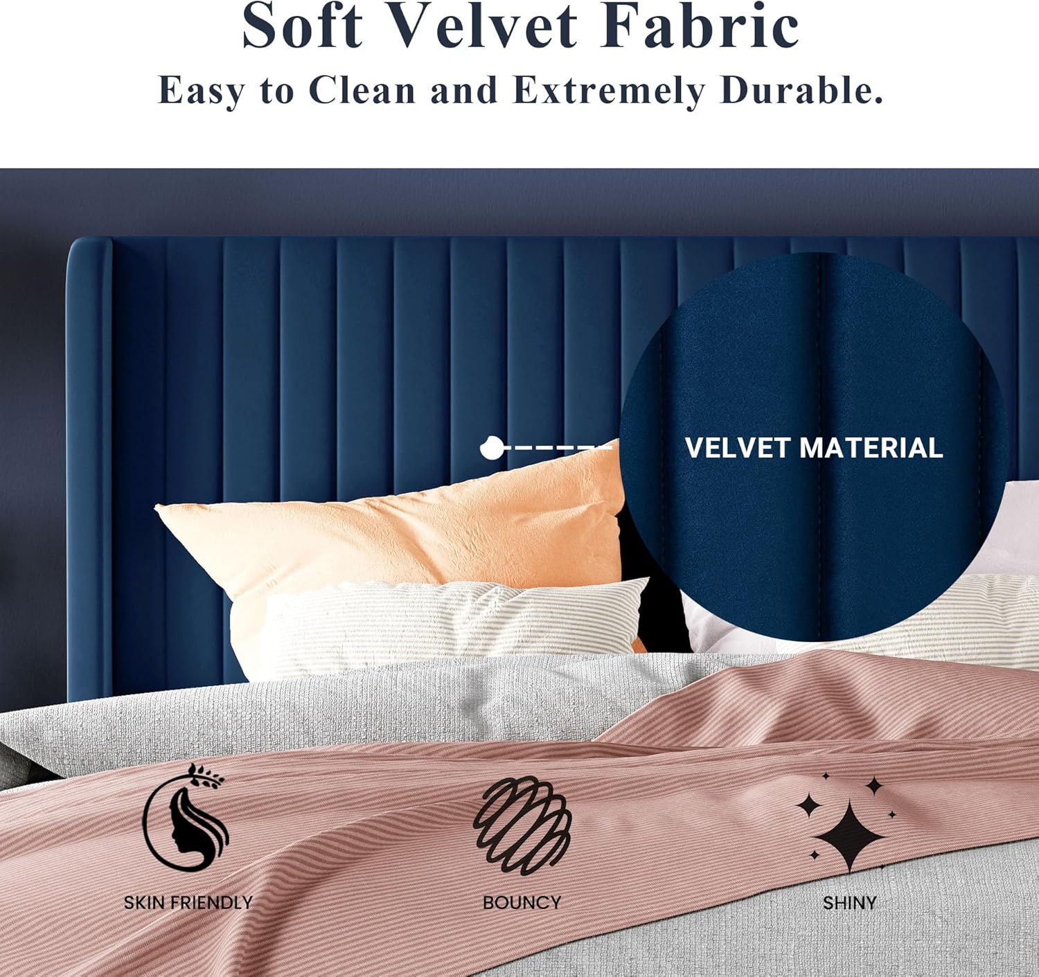 Allewie Full Size Velvet Bed Frame Vertical Channel Tufted Wingback Headboard Upholstered Bed