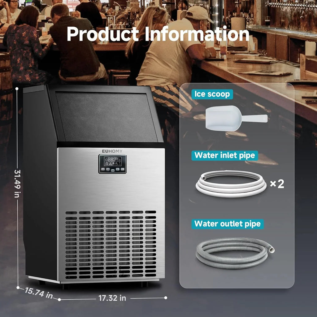 EUHOMY Commercial Ice Maker Machine 100lbs/24H Stainless Steel Under Counter ice Machine