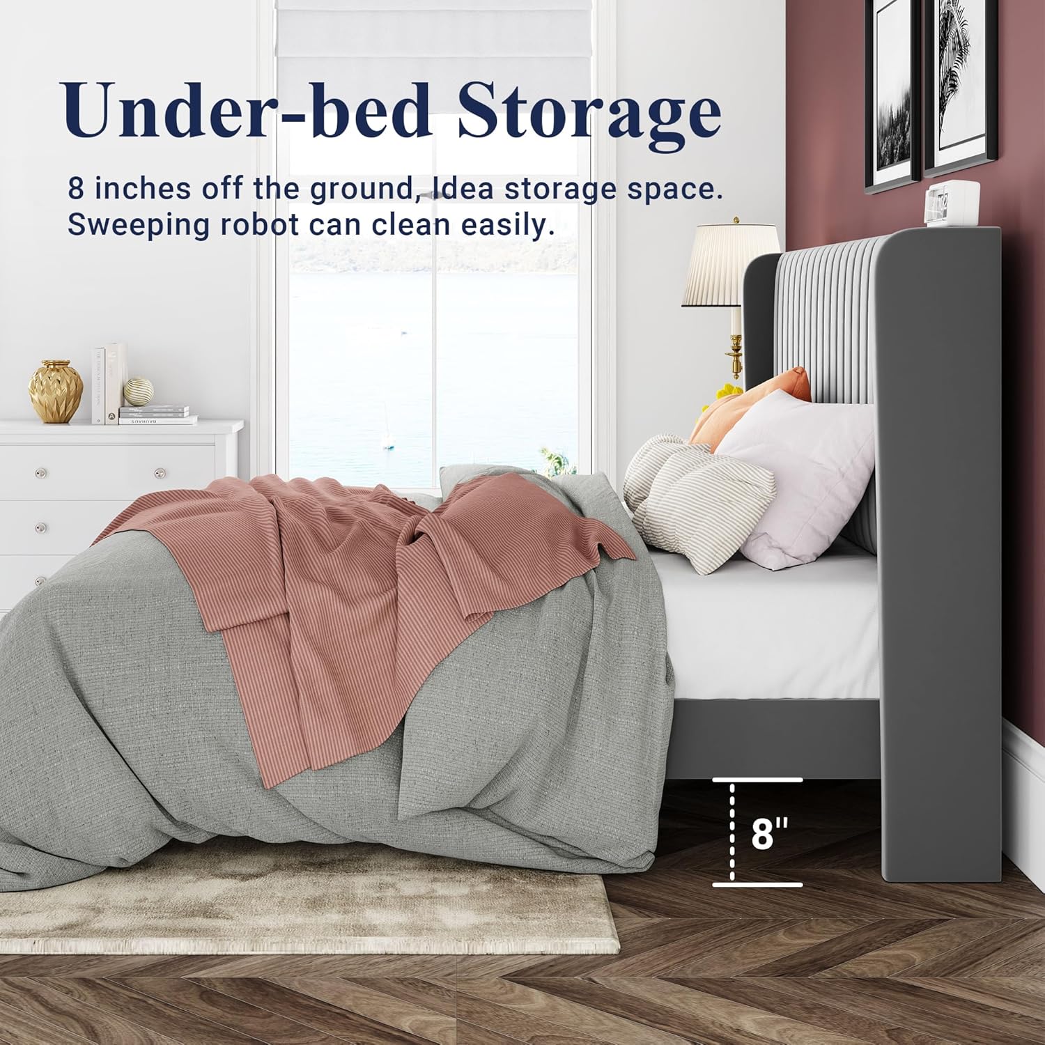 Allewie Full Size Velvet Bed Frame Vertical Channel Tufted Wingback Headboard Upholstered Bed