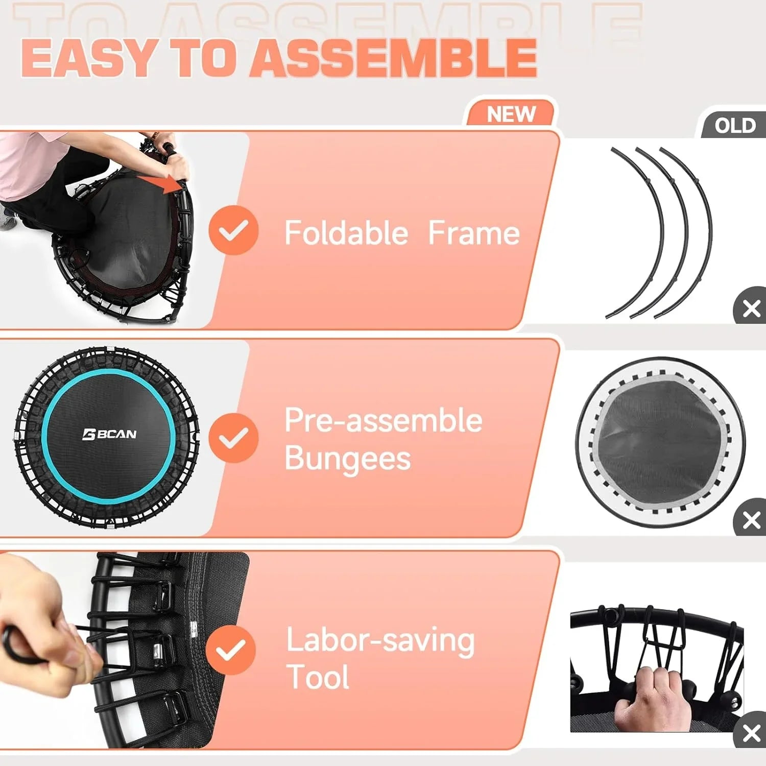 BCAN 450/550 LBS Foldable Mini Trampoline Fitness Trampoline Bungees Adjustable Foam Handle