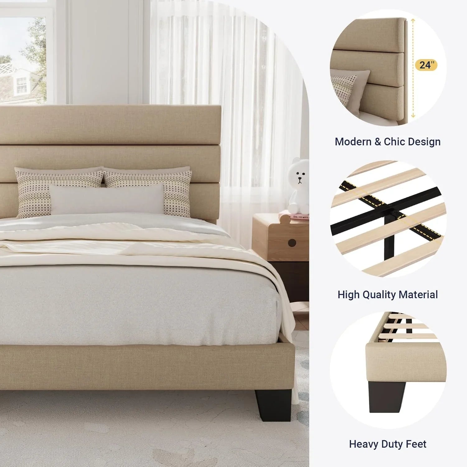 Allewie Queen Size Platform Bed Frame with Fabric Upholstered Headboard Wooden Slats Support