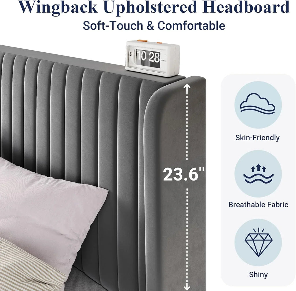 Allewie Full Size Velvet Bed Frame Vertical Channel Tufted Wingback Headboard Upholstered Bed