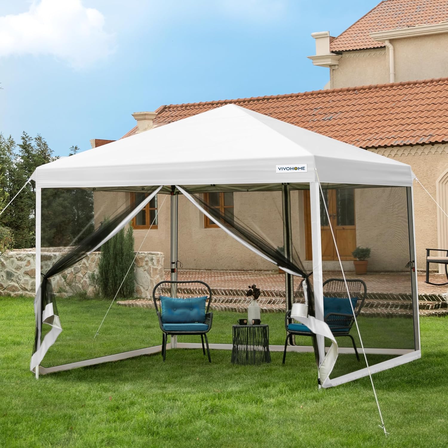 10x10ft Easy Pop-Up Canopy Outdoor Screen Tent with Mosquito Netting 2 Zipper Doors Roller Bag