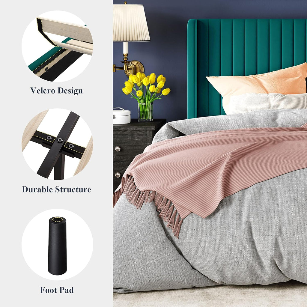 Allewie Full Size Velvet Bed Frame Vertical Channel Tufted Wingback Headboard Upholstered Bed