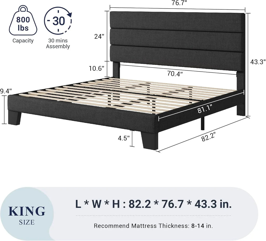 Allewie Queen Size Platform Bed Frame with Fabric Upholstered Headboard Wooden Slats Support