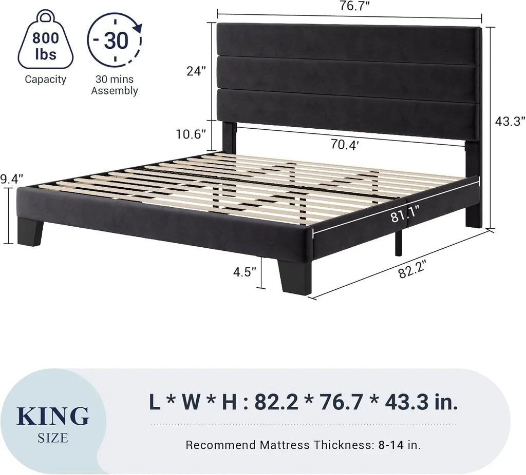 Allewie Queen Size Platform Bed Frame with Fabric Upholstered Headboard Wooden Slats Support