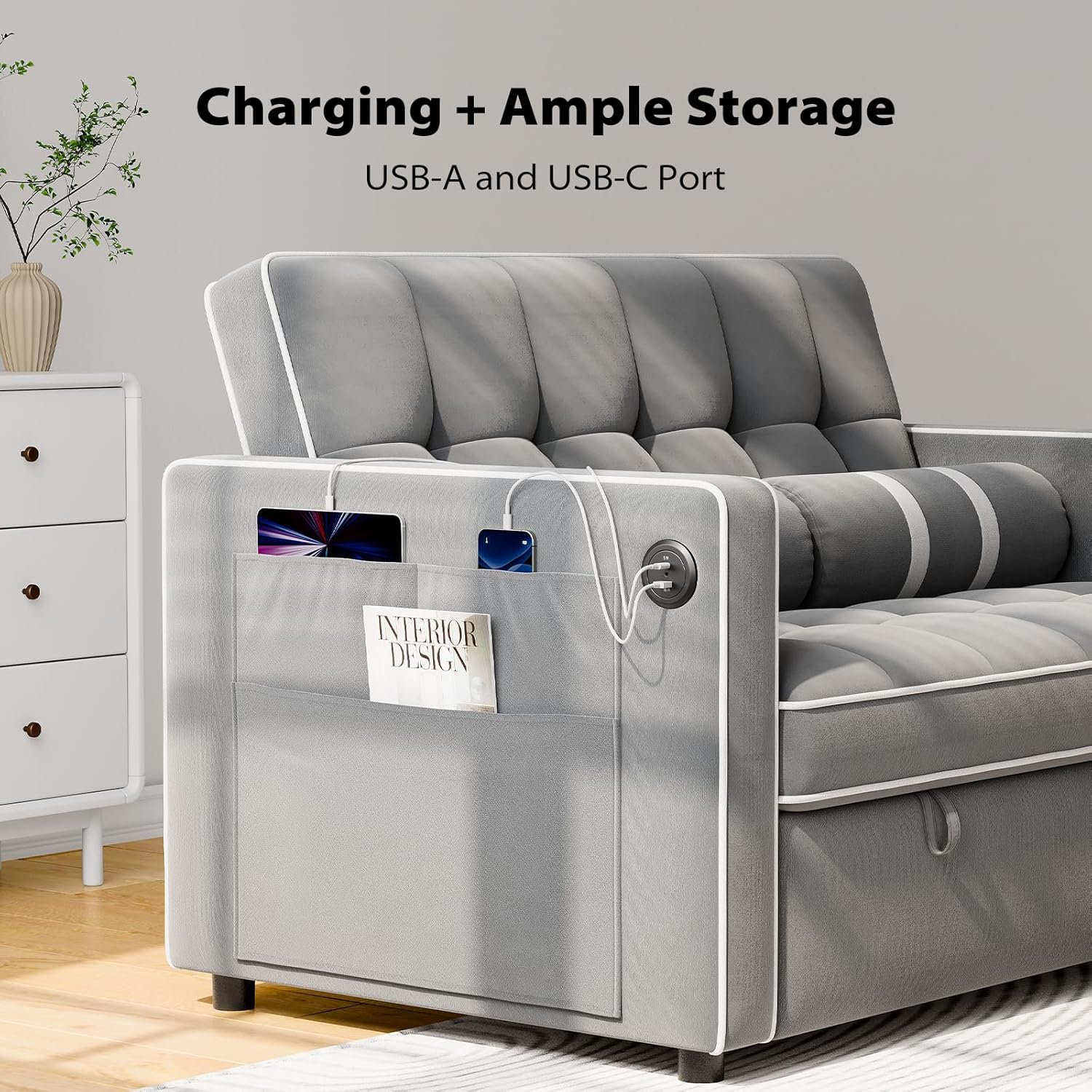 Pipishell 3 in 1 Convertible Sleeper Sofa Bed Pull Out Couch for Living Room USB Ports Side Pockets