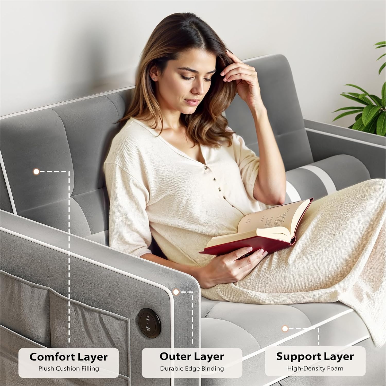 Pipishell 3 in 1 Convertible Sleeper Sofa Bed Pull Out Couch for Living Room USB Ports Side Pockets