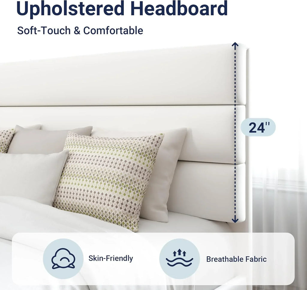 Allewie Queen Size Platform Bed Frame with Fabric Upholstered Headboard Wooden Slats Support