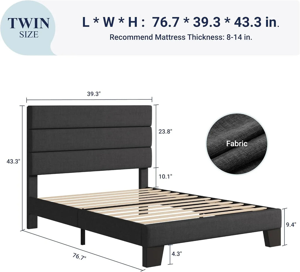 Allewie Queen Size Platform Bed Frame with Fabric Upholstered Headboard Wooden Slats Support