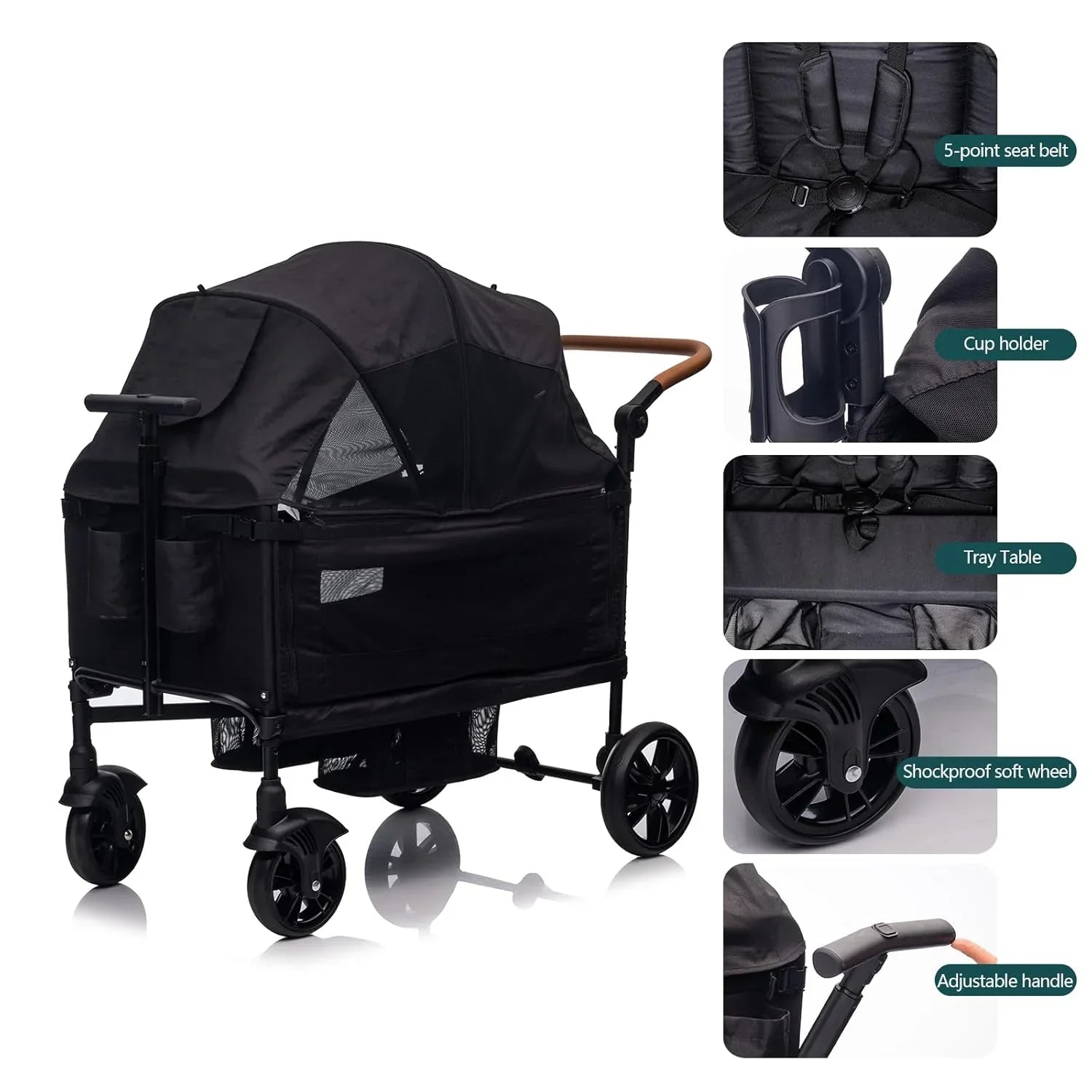 Wagon Stroller for 2 Kids Cargo-Travel Stroller Push-Pull Double Wagon Lightweight Folding Stroller