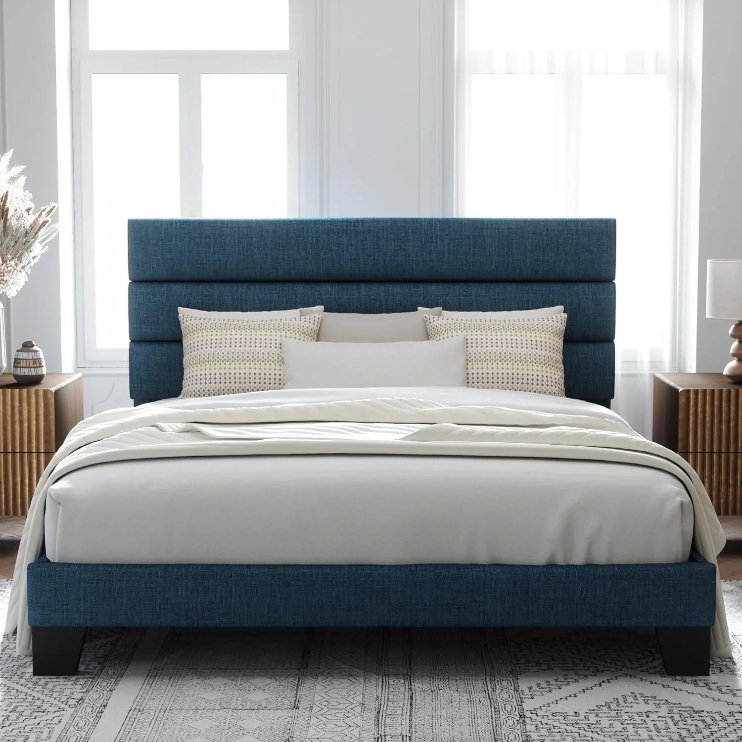 Allewie Queen Size Platform Bed Frame with Fabric Upholstered Headboard Wooden Slats Support