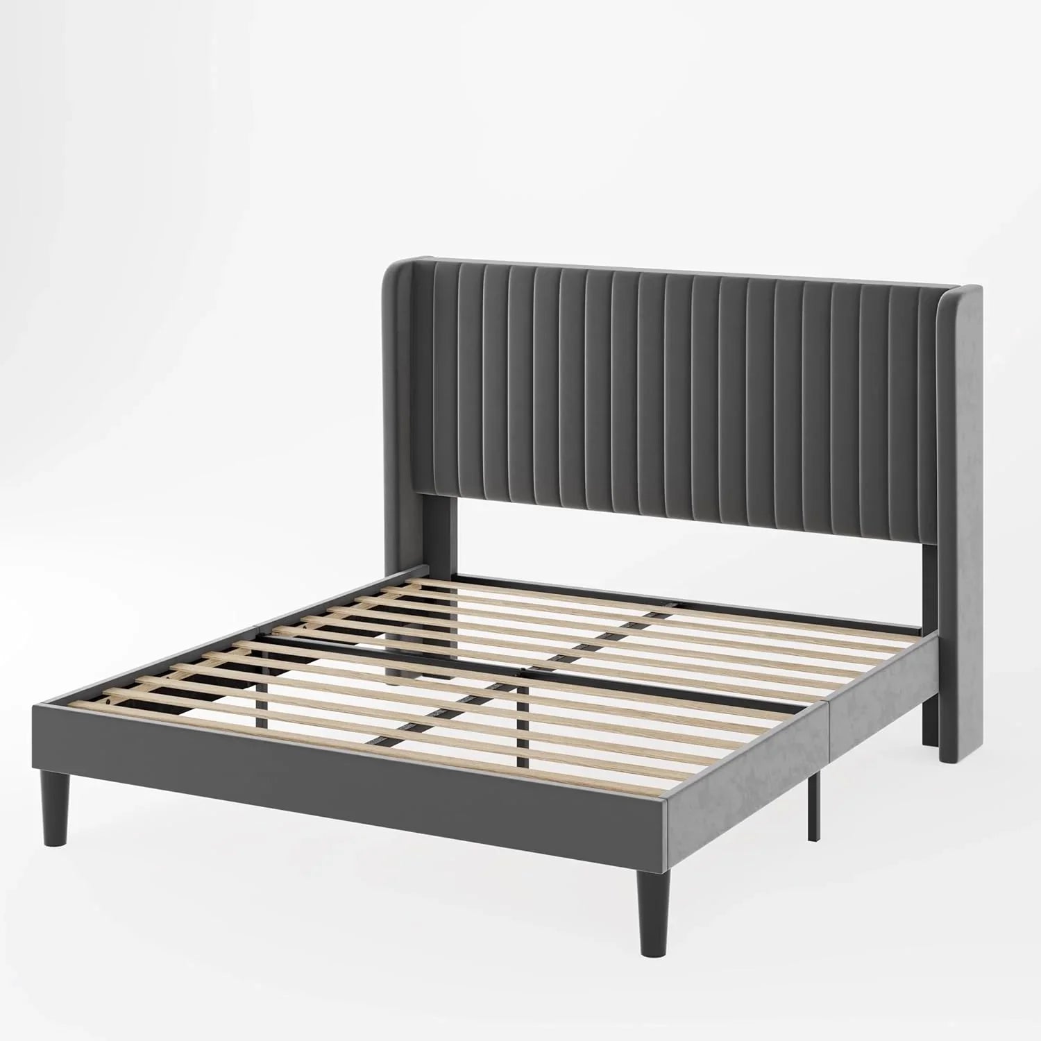 Allewie Full Size Velvet Bed Frame Vertical Channel Tufted Wingback Headboard Upholstered Bed