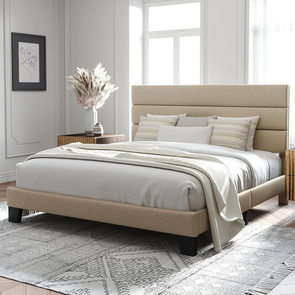 Allewie Queen Size Platform Bed Frame with Fabric Upholstered Headboard Wooden Slats Support
