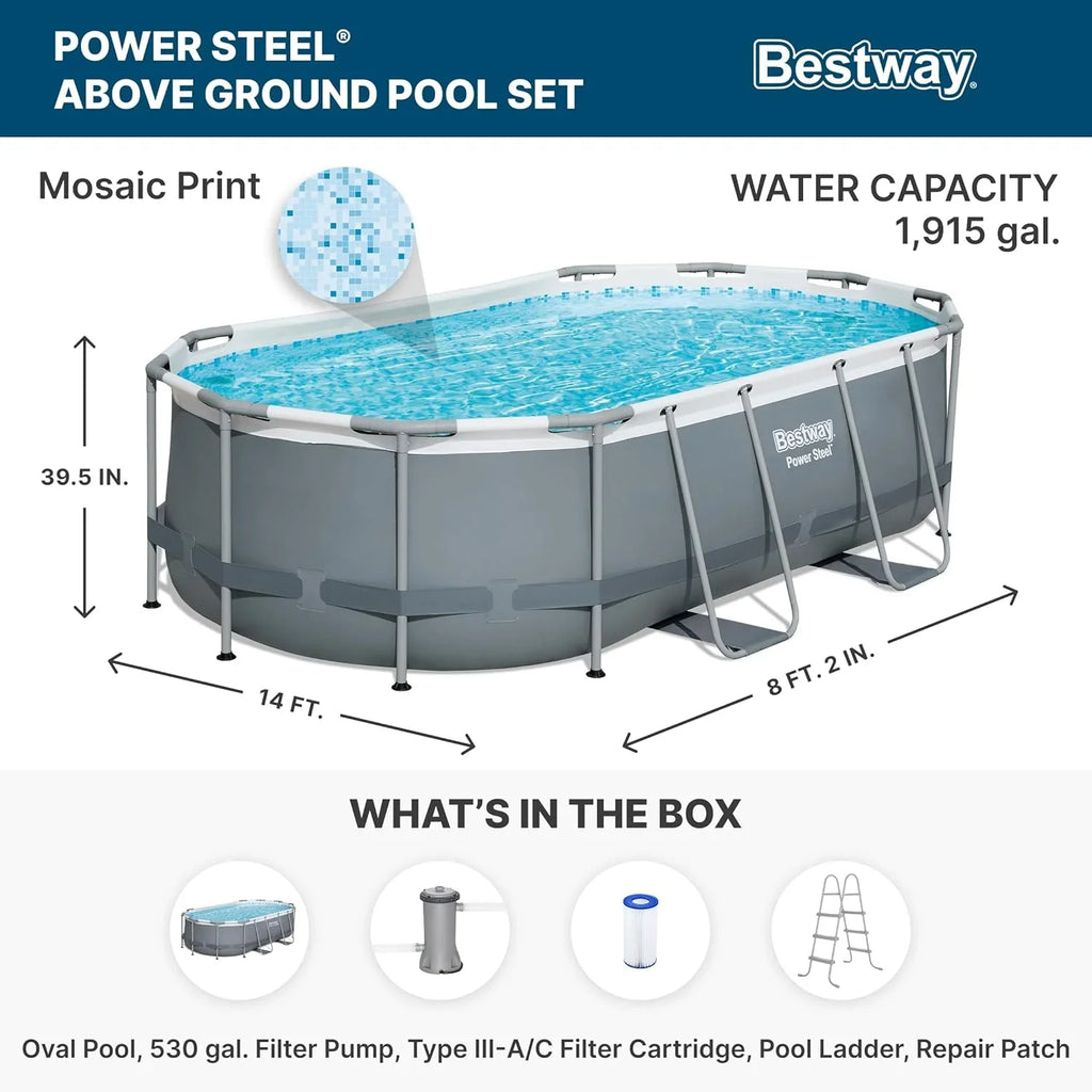 Power Steel 14' x 8'2" x 39.5" Oval Above Ground Pool Set Includes 530gal Filter Pump Ladder