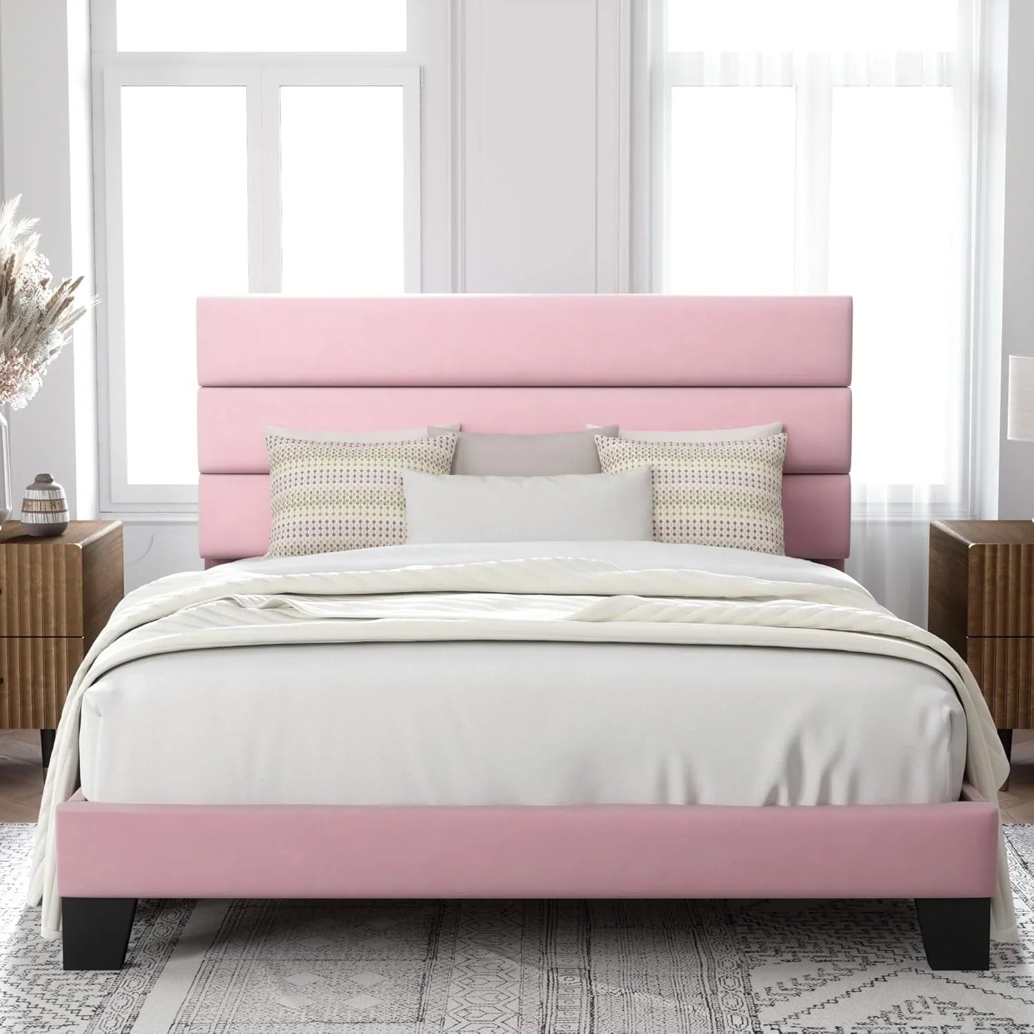 Allewie Queen Size Platform Bed Frame with Fabric Upholstered Headboard Wooden Slats Support